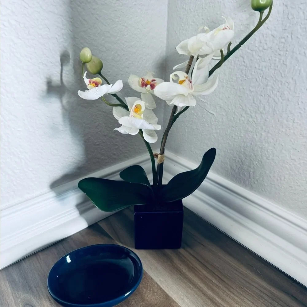 Faux Floral Orchid Ceramic Blue Plant Pot & Soap Dish Bath Decor Lot